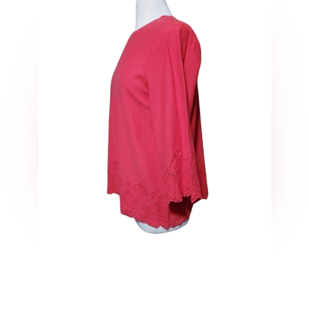 j jill top l blouse shirt women 3/4 Quarter Sleeve Pink Red Crewneck 100% Cotton - Picture 2 of 6